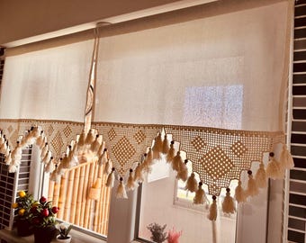 Handgemachte Leinen Cafe Vorhang mit Spitze: Rustikales Landhaus Dekor