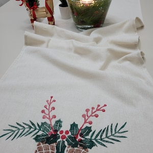 Holiday Rustic table runner,Christmas Linen Table runner, hand-painted linen table runner, natural table runner,farmhouse  holiday gifts
