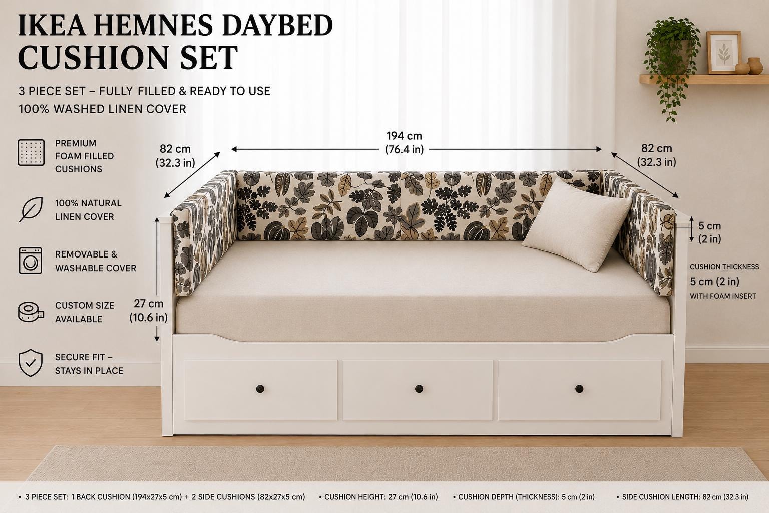 IKEA Hemnes Tagesbett-Kissenset mit Schaumstoffeinlage – 3-teiliges Leinenkissen, gefüllt und sofort einsatzbereit, passgenau für 194 x 80 cm, Blumenmuster
