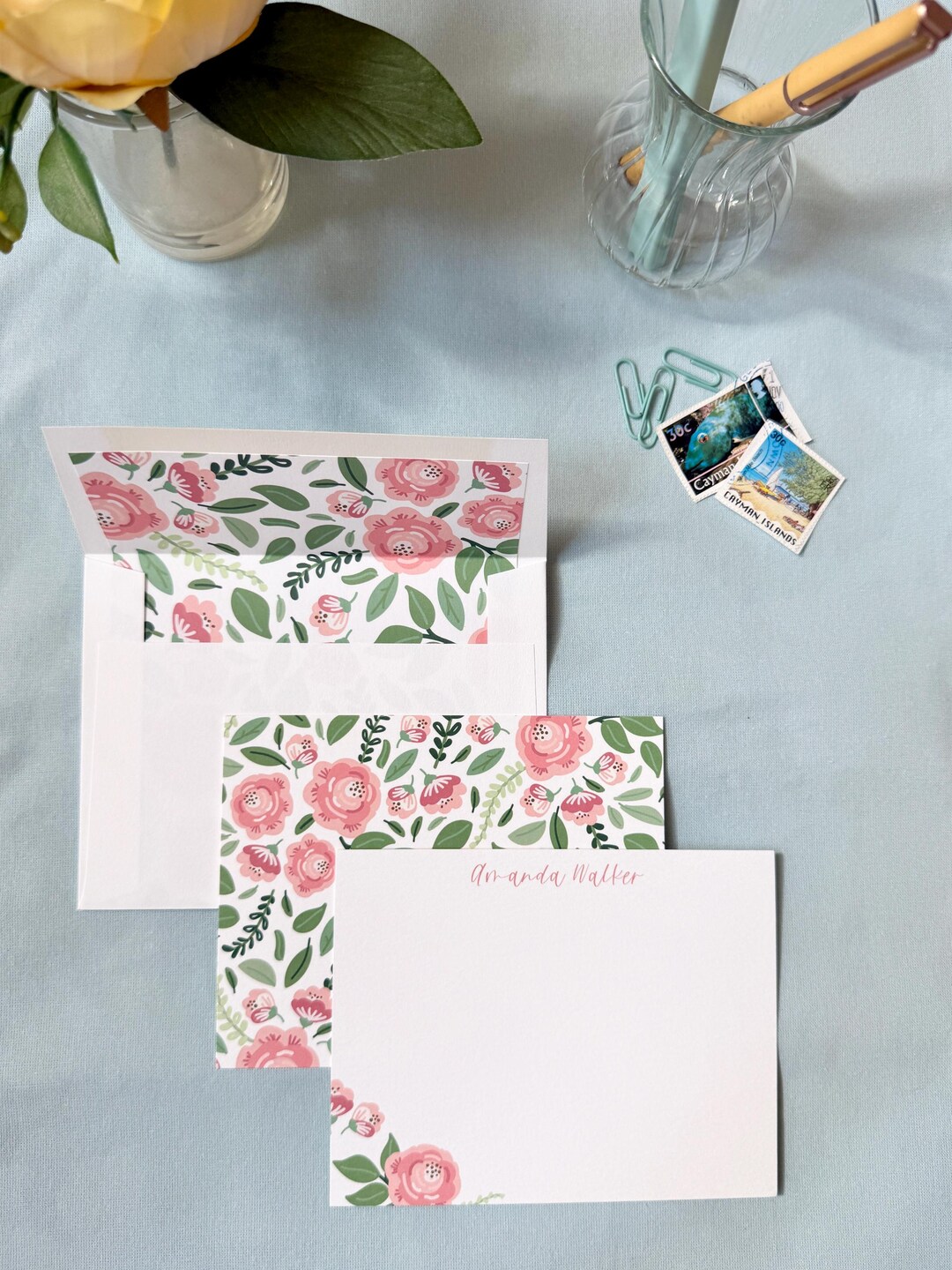 Personalized Floral Stationery Set, Pink & Green Notecards - Etsy