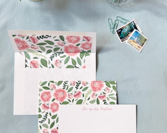 Personalized Floral Stationery Set, Pink & Green Notecards