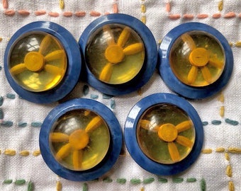 Set van 5 koepelvormige blauwe appelsapknopen bakeliet galaliet