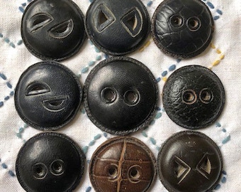 Lot 9 dark colors leather buttons 3 cm 1930's Czech