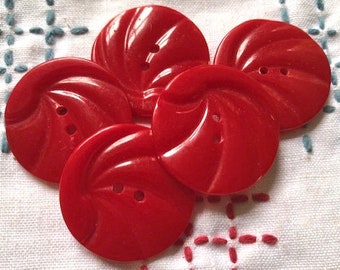 Set 5 bright red galalith buttons 1930's 27 mm