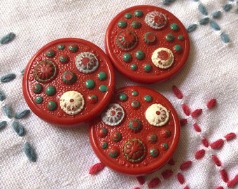 Set 3 celluloid buttons red painted dots 1930's