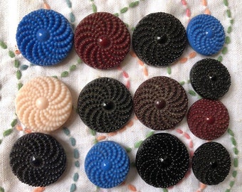 Lot 13 swirly pressed glass buttons 1930's various colors