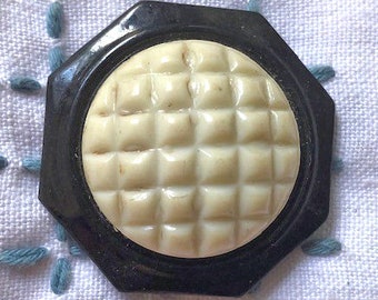 Octagonal black white celluloid button 1930's