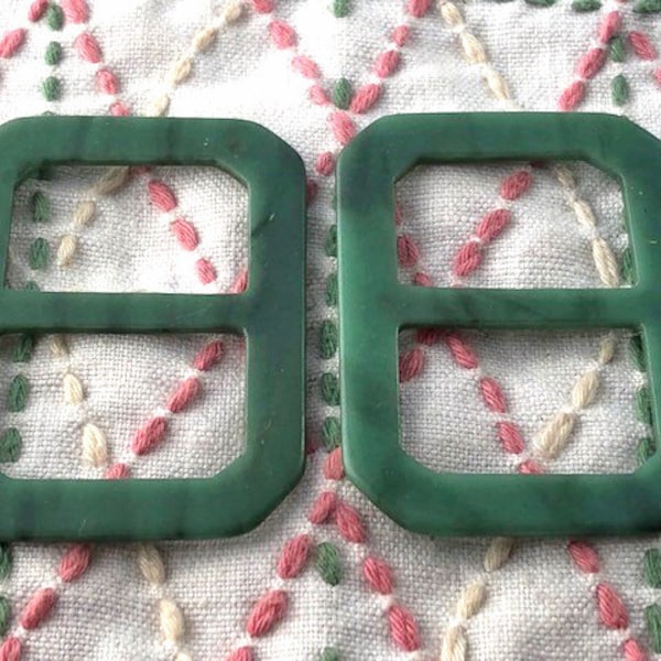 Pair 2 small belt slides jade green 1930's Art Deco