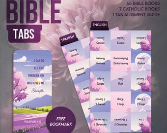 May include: A set of colorful Bible tabs with the words "Index Bible Tabs" at the top. The tabs are divided into two sections: "Old & New Testament" and "Spanish". The tabs are designed with a purple and blue color scheme and feature a floral design. The text "I can do all this through him who gives me strength. Philippians 4:13" is printed on a bookmark with a floral design.