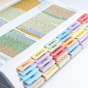 May include: Open Bible with colorful index tabs. The tabs are labeled with book names like "1 Samuel", "Proverbs", and "2 Corinthians". The pages are filled with printed text. The tabs are in a rainbow of colors.