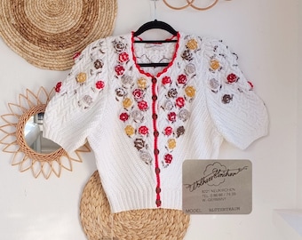 Size L - WOLKENSTRICKER &quot; Blütentraum 90s &quot; vintage handknitted 3D embroidered cotton vest cardigan