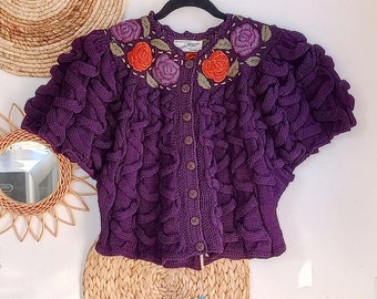 Free size - WOLKENSTRICKER &quot; Ella 90s &quot; vintage handknitted 3D embroidered cotton batsleeves vest cardigan