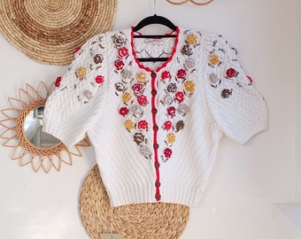 Taille L - Wolkenstricker « Blütentraum 90s » vintage tricoté à la main 3D cardigan en coton brodé