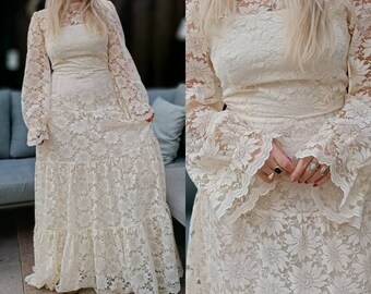 RARE Vintage full lace 70s wedding dress John Charles - size S/M