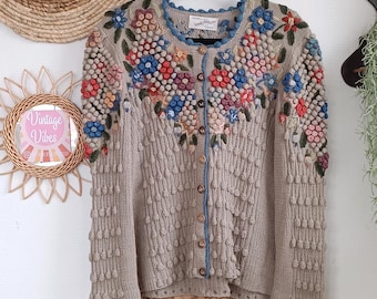 Size XL - WOLKENSTRICKER &quot;Alice 90s&quot; vintage handknitted embroidered wool silk linen cardigan