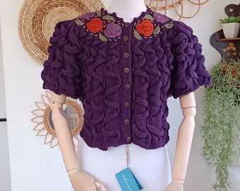 Taille libre - Wolkenstricker « Ella 90s » vintage tricoté à la main 3D brodé coton manches chauve-souris gilet cardigan