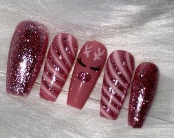 Pink Press On Nails | Christmas Nails | Gel Nails | Glue On Nails | Candy Cane reflective glitter deer