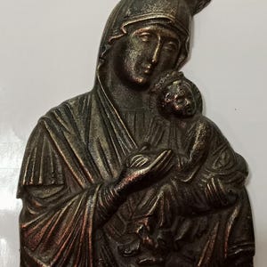 Brass Virgin Mary Icon: Vintage Religious Wall Decor