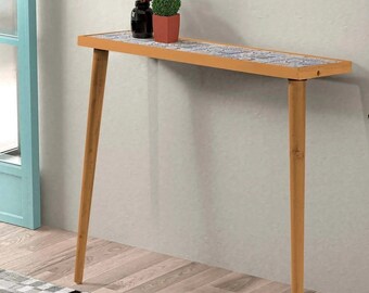 Wooden Ceramic Dresuar, Handmade Wood & Stone Tile Bedside Table, Reclaimed Unique Console Entryway Sofa Side Table, Home Decor Table Gift