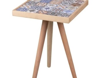 Quirky Side Coffee Table with Ceramic Tile Top for Living Room, Unique Square Wood Rustic End Table, Nesting Table, Wood Table, Rustic Table