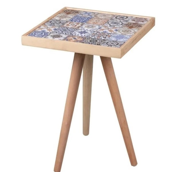 Quirky Side Coffee Table with Ceramic Tile Top for Living Room, Unique Square Wood Rustic End Table, Nesting Table, Wood Table, Rustic Table