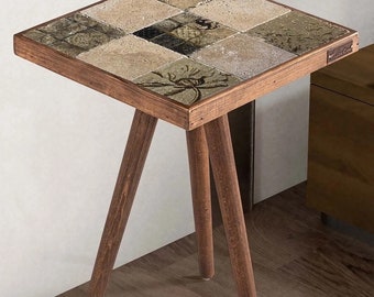 Quirky Side Coffee Table with Travertine Top for Living Room, Unique Square Wood Rustic End Table, Nesting Table, Wood Table, Rustic Table