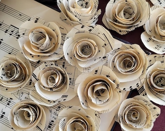 Sheet Music Mini Flowers, 1.5", Set of 9 Hand Rolled Paper Roses, Vintage Rustic Wedding Party Scatter, Upcycling Home Decor, Pick Qty