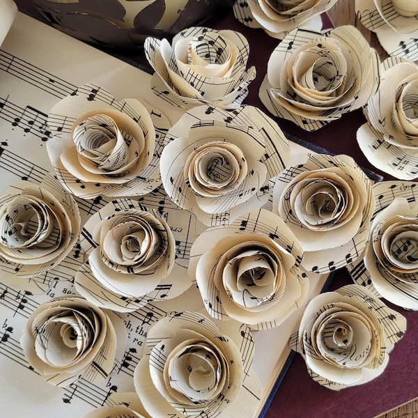 Sheet Music Mini Flowers, 1.5", Set of 9 Hand Rolled Paper Roses, Vintage Rustic Wedding Party Scatter, Upcycling Home Decor, Pick Qty