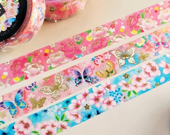 Butterfly & Flower Washi Tape, 15mm, Floral Yuzen Foil Masking Tape, Peony, Cherry Blossom, Kawaii Stationery, by World Craft, 1, 2 or 3pc