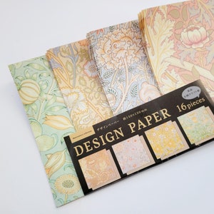 Papier design William Morris, 6 x 6 pouces, papier kraft brun, nature jardin britannique, 4 motifs, 16 feuilles