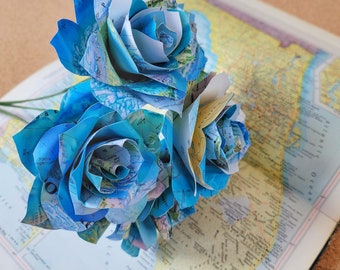 Vintage Map Roses, Atlas Paper Flowers, Upcycling Paper Gift, Travel Adventure Themed Wedding, Birthday Anniversary Gift, Choose Qty