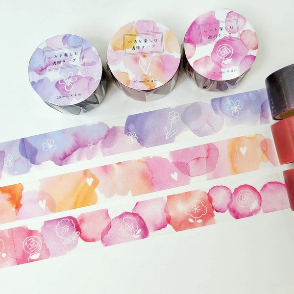 Pink Red Violet Color Splash Clear Tape, 20mm, Heart Rose Flower Motif, Watercolor, Cellophane Masking Tape, Kawaii Stationery, by Kohaku