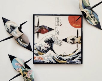 Origami Crane Folding Kit, Paper Crane Template, 36 Views of Mount Fuji, Japan Scenery, Woodblock Print, 15x15cm (6"x6"), 46 Designs