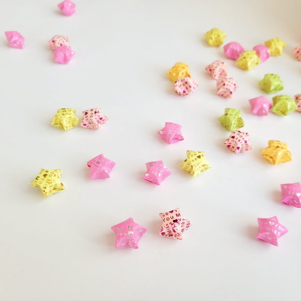 I Miss You Lucky Stars Embossed Text, Sentiment Origami Stars, Neon Fluorescent Mini Stars Confetti, Valentine Decor, Gift Box Filler