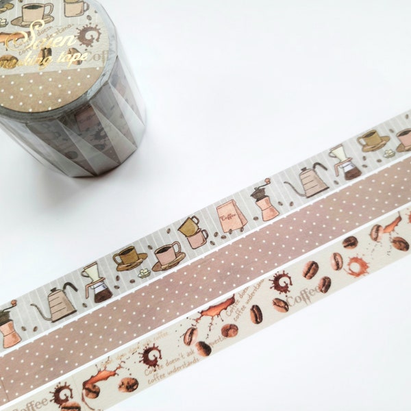 Coffee Lover Washi Tape Set, 15mm, Coffee Beans, Polka Dots, Journal Planner Masking Tapes, by Kamiiso Saien, set of 3