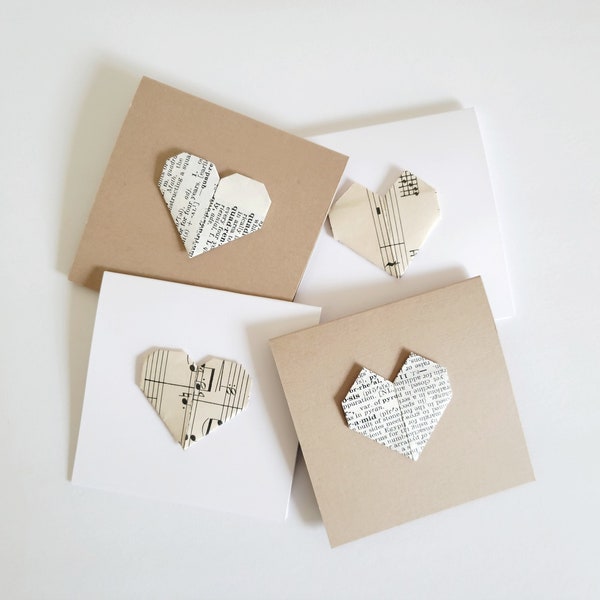 3"x3" Upcycled Heart Notecards, Assorted Mini Origami Cards, Minimalist Love Note, Wedding Bridal Stationery, Dictionary Sheet Music Paper