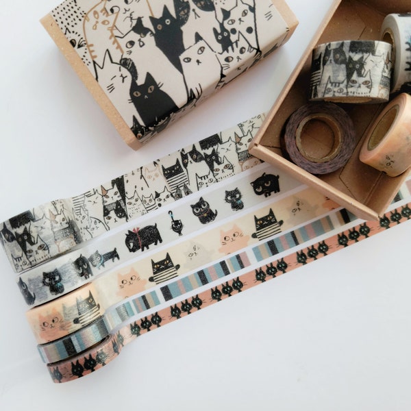 5 pcs Cat Mini Washi Tapes in Box, Kawaii Masking Tapes by Shinzi Katoh, Journal Planner Supplies, Kitty Lover Gift, Set of 5 rolls
