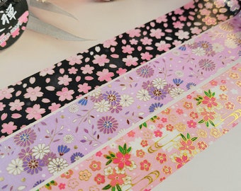 Floral Washi Tape, 30mm, Cherry Blossom, Mum, Gold Foil Masking Tape, Japanese Traditional Design, by World Craft, 1 or 2 pc