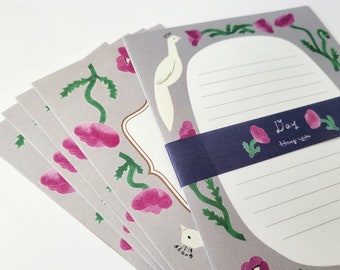 White Swan Writting Set, Bird, Purple Flower, Mino Washi Writing Paper w/ Envelope, Japanese Letter Set, Cozyca Stationery, Yuka Hiiragi