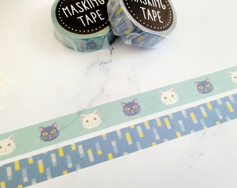 2pcs Cat Washi Tapes, 15mm x7m, Blue Grey uMasking Tape Kitty, Kawaii Pet, Geometric, Journaling Planner, by World Craft