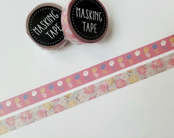 Rose Washi Tapes, 15mm, Flowers on Pink, Journal Masking Tape, Japanese Stationery, by World Craft, 1 or 2 pcs