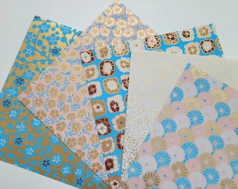 Blue Gold Pink Yuzen Washi Paper, 10 sheets, Floral Designs, Japanese Origami Paper, Contemporary Colors Gold Accents, 15x15cm (6"x6")