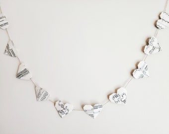 Music Heart Origami Garland, Vintage Sheet Music Hearts on String, Rustic Wedding Bridal Party Banner, Upcycled Paper Wall Decor
