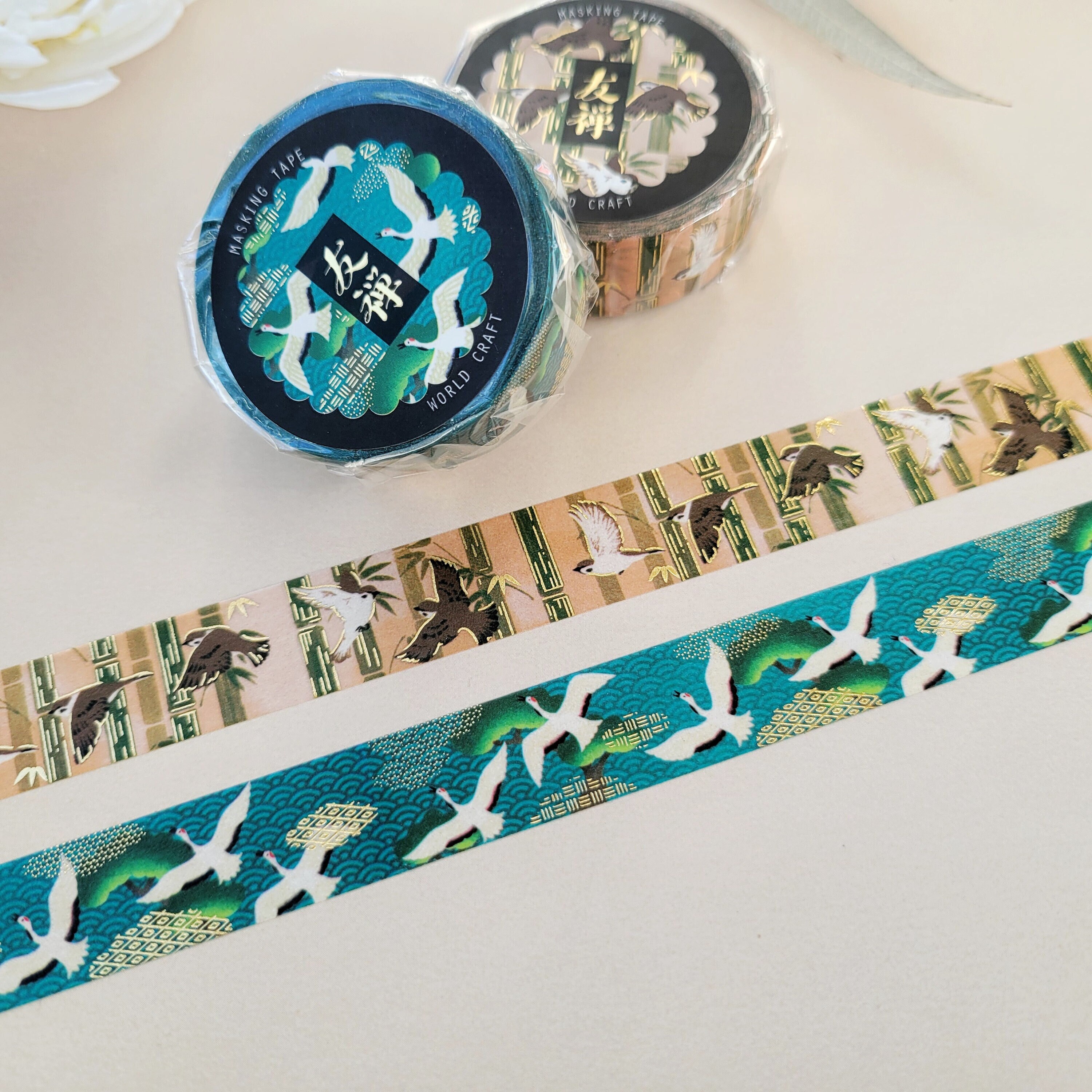 Sparrow & Crane Washi Tape, 15mm, Yuzen Foil Masking Tape, Japanese Traditional Design,Kawaii Stationery, by World Craft, 1 or 2 pcs