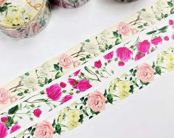 Rose & Leaves Washi Tape, 15mm, Retro Vintage Style Masking Tape, , Blooming Flowers, Japanese Paper Stationery, YOKO, 1 roll