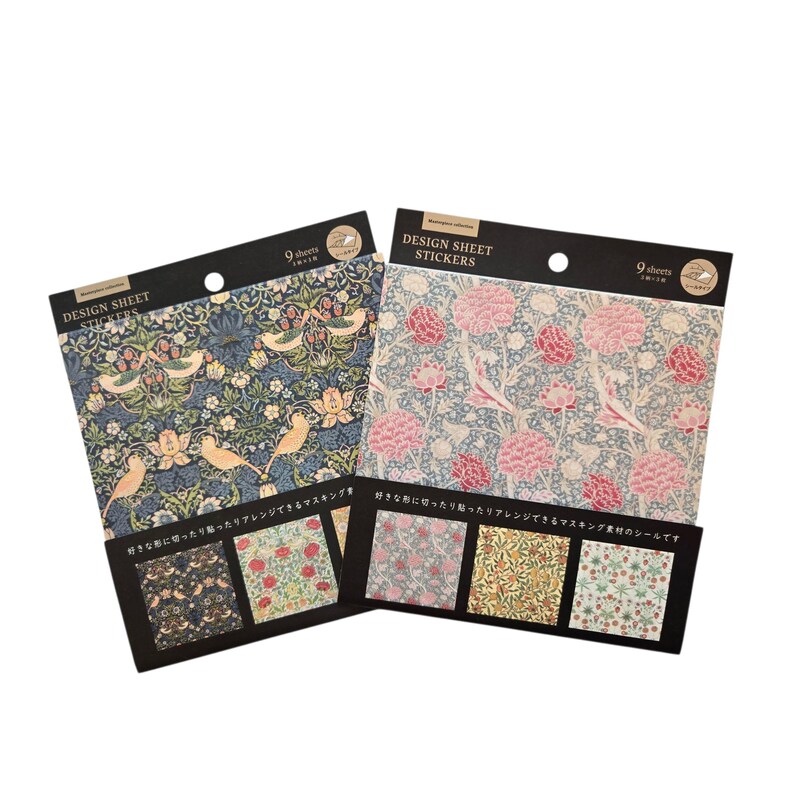 May include: Two packs of design sheet stickers. One features a blue floral pattern with birds, the other a pink floral design. Each pack includes nine sheets and smaller sample designs.