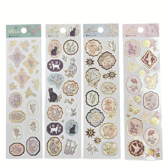 NB PRIER Envelope Seal Sticker Sheets, Embossed Gold Foil Accent, Penpal Mail Letter Decorating, Cat, Hummingbird, Flower,  1 sheet