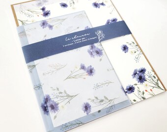 Blue Wildflower Letter Set, Writing Paper with Vellum Envelope, Dark Navy Blue Flower, Kawaii Stationery, Penpal Mail Supplies