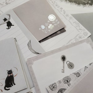 Monotone Letter Set with Silver Accent, Writing Paper Sheets with Envelopes, Flowers, Cats, Stars, Vintage Keys, Japanese Stationery image 1