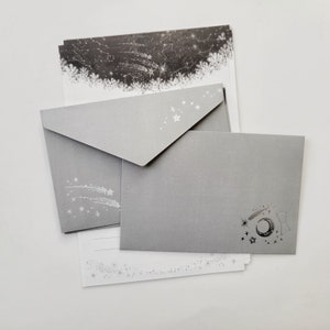 Monotone Letter Set with Silver Accent, Writing Paper Sheets with Envelopes, Flowers, Cats, Stars, Vintage Keys, Japanese Stationery Stars